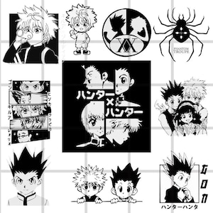 Op de afbeelding: Zwart-witte illustratie van personages uit de anime Hunter x Hunter. De personages staan in verschillende poses en uitdrukkingen. De tekst "Hunter x Hunter" is geschreven in Japanse karakters.