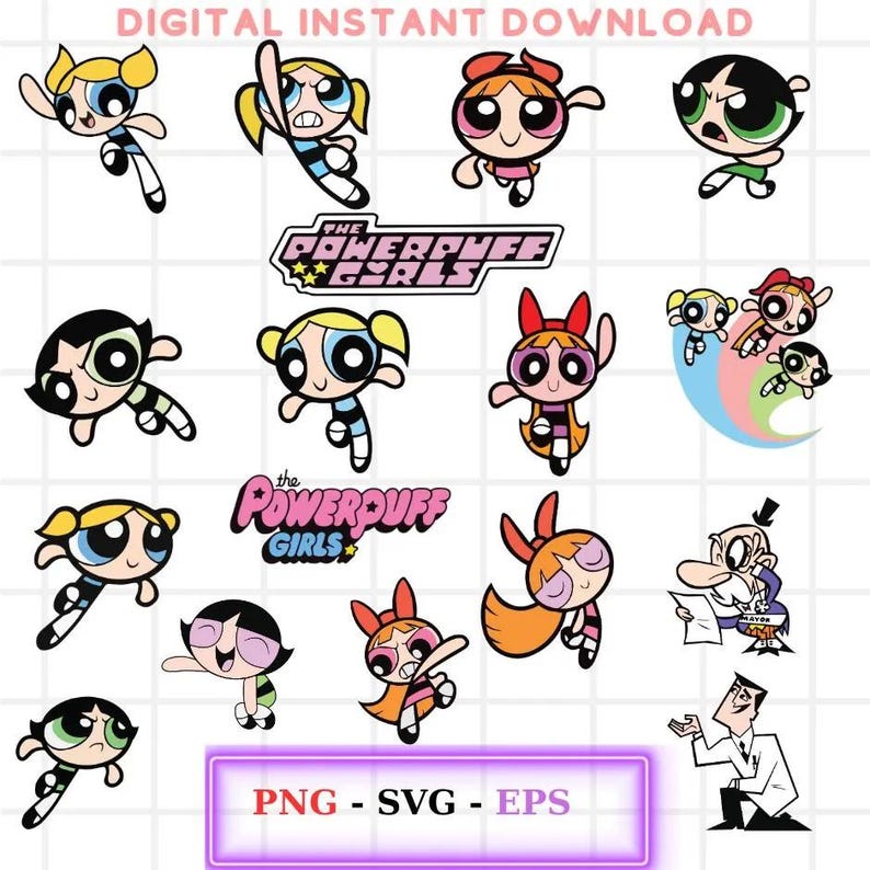 May include: A set of digital illustrations featuring the Powerpuff Girls characters, including Blossom, Bubbles, and Buttercup. The illustrations are in a cartoon style and include various poses and expressions. The text "The Powerpuff Girls" is also included in the set.
