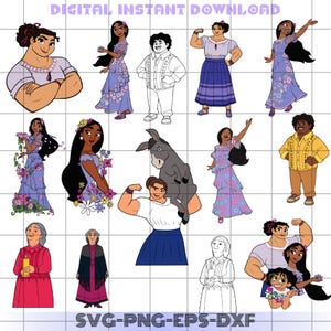 May include: A set of 14 digital illustrations featuring characters from the animated film 'Encanto'. The characters are depicted in various poses and expressions, including a donkey, a woman with a flower crown, and a man with a mustache. The illustrations are in a cartoon style and are suitable for use in crafts, scrapbooking, and other creative projects.