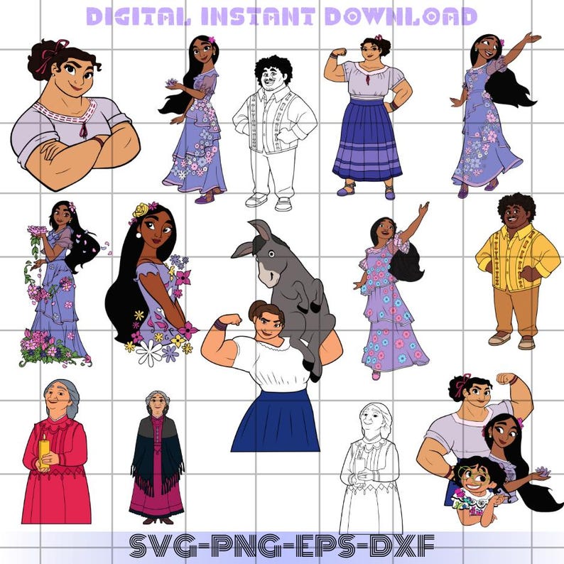May include: A set of 14 digital illustrations featuring characters from the animated film 'Encanto'. The characters are depicted in various poses and expressions, including a donkey, a woman with a flower crown, and a man with a mustache. The illustrations are in a cartoon style and are suitable for use in crafts, scrapbooking, and other creative projects.