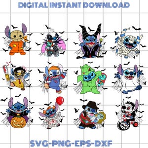 Może przedstawiać: Cyfrowe pobieranie z postaciami z kreskówek w kostiumach na Halloween, otoczonymi pajęczynami i nietoperzami. Obraz zawiera tekst "DIGITAL INSTANT DOWNLOAD" i "SVG-PNG-EPS-DXF".