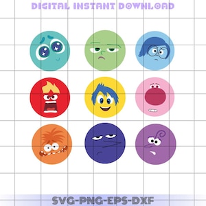 May include: Nine colorful circular icons featuring characters from the animated film Inside Out. Each icon depicts a different emotion: Joy, Sadness, Fear, Anger, Disgust, and others. The icons are arranged in a 3x3 grid.