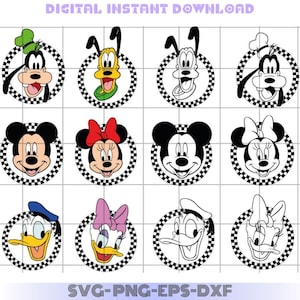 May include: A set of 12 digital clipart images featuring various Disney characters, including Mickey Mouse, Minnie Mouse, Donald Duck, Daisy Duck, Goofy, and Pluto. Each character is depicted in a black and white checkered circle.