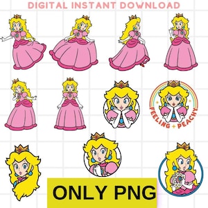 Könnte beinhalten: Sofortiger digitaler Download mit mehreren Illustrationen einer Prinzessin in einem rosa Kleid und einer goldenen Krone. Die Prinzessin wird in verschiedenen Posen und kreisförmigen Designs dargestellt. Der Text "ONLY PNG" befindet sich unten.