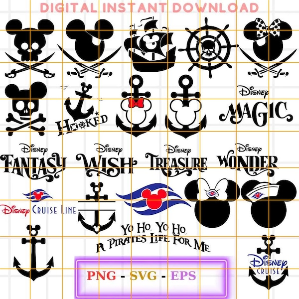 Paquete de imágenes prediseñadas de cruceros SVG, Mickey Cruise PNG, paquete de imágenes prediseñadas de cruceros SVG, paquete de logotipos de nombres de cruceros de ratón - Tesoro, fantasía, sueño, deseo, maravilla, magia