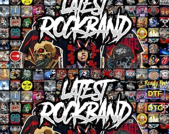 May include: A collage featuring various rock band album covers and t-shirt designs. The central image displays the text "LATEST ROCKBAND" in a bold, stylized font. Several t-shirts with skull graphics and band logos are visible.