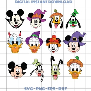 May include: Digital instant download featuring cartoon character faces in Halloween costumes. Mickey Mouse, Minnie Mouse, Donald Duck, Goofy, and Pluto are depicted in various spooky outfits. The image includes SVG, PNG, EPS, and DXF file formats.