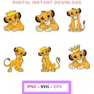 May include: Six digital illustrations of a cartoon lion cub wearing a gold crown. The lion cub is in various poses, including sitting, standing, and lying down. The illustrations are in a cartoon style and are suitable for use in digital projects.