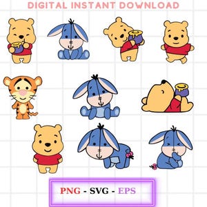 Set Of Baby Winnie the Pooh Kids PNG and SVG Bundle, Tigger, Eeyore Files, Tigger Kids Easy to Cut