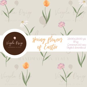 Spring flowers, Easter, daisies, tulips, soft colours. Pattern for commercial use, digital printing, printing on textiles, printing on paper