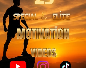 Könnte beinhalten: Ein Bild mit der Silhouette einer Person auf einer Klippe vor einem Sonnenuntergang. Der Text lautet "25 SPECIAL & ELITE MOTIVATION VIDEOS". Social-Media-Symbole für YouTube, Instagram und TikTok sind ebenfalls vorhanden, zusammen mit einem "4K"-Label.