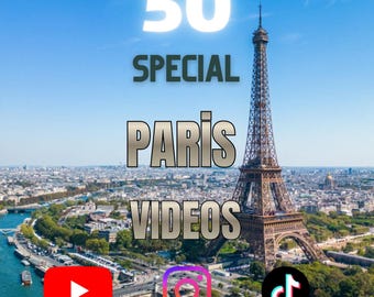 May include: An aerial view of Paris, France, showcasing the Eiffel Tower. The image displays the text "50 Special Paris Videos" along with YouTube, Instagram, and TikTok icons. The image is labeled "4K" and "Premium".