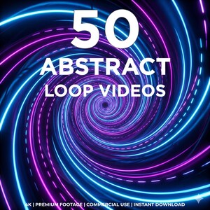 May include: An abstract digital art image with a spiral design in shades of blue and purple. The text "50 ABSTRACT LOOP VIDEOS" is displayed in white, with additional text at the bottom. The design creates a sense of movement and depth.