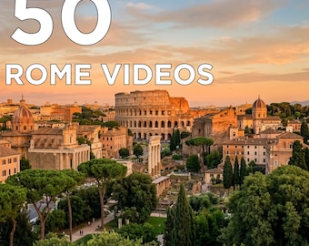 May include: An aerial view of Rome, Italy, featuring the Colosseum and other historical buildings under a sunset sky. The image includes the text "50 ROME VIDEOS" and additional text at the bottom: "4K | PREMIUM FOOTAGE | COMMERCIAL USE | INSTANT DOWNLOAD".