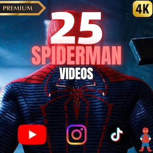 Könnte beinhalten: Eine digitale Grafik mit dem Text "25 SPIDERMAN VIDEOS" in Weiß und Rot über einem Spiderman-Kostüm. Das Bild enthält YouTube-, Instagram- und TikTok-Logos sowie eine kleine Spiderman-Figur. Ein "4K"- und "PREMIUM"-Label ist ebenfalls vorhanden.
