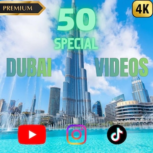May include: Image promoting Dubai videos, showcasing the Burj Khalifa. Text reads "50 Special Dubai Videos" and "4K". Includes social media icons for YouTube, Instagram, and TikTok, set against a blue sky.