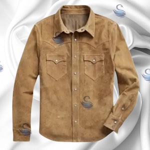 Men&#39;s Suede Trucker Shirt: Brown Western Cowboy Leather Jacket