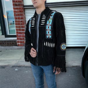 Men&#39;s Traditional Western Cowboy Leather Jacket Coat with Fringes Bone & Beads, Men Indian Western American Liberty Eagle Bead Fringed Coat