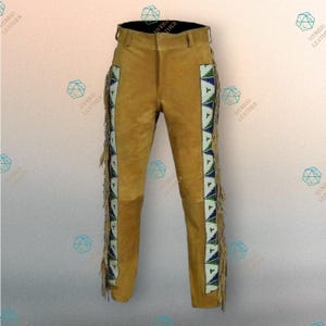 Native Indian American Western Cowboy Unique Buckskin Leather Pant, Long Beads Pant, Beaded Suede Leather Pant Chap, Buckskin Original Pant