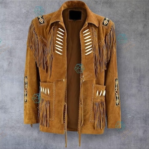 Men&#39;s Traditional Western Cowboy Leather Jacket, Coat with Fringes Bone and Beads, Men Indian Western American Liberty Eagle Bead Fringed