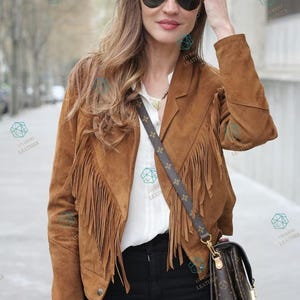 Frauen Tan Western Fransen Wildlederjacke, Wildledermantel mit Fransen, Western Brown Wildleder tragen Fransen Vintage Manteljacke