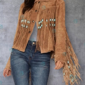 Women Vintage Brown Native Fringe, Western Wear Leather Jacket, Midwest Western Fringe Jacket, Women&#39;s Jacket Suede Leather Fringe Native