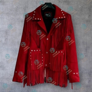 Women&#39;s Vintage Fringe Leather Jacket, Red Suede Leather Jacket, Ladies Leather jacket, Fringe Jacket, Western Jacket, Women Buckskin Coat