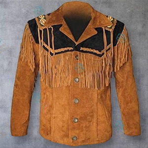 New Men&#39;s Cowboy Western Cowhide Suede Jacket Brown, Men Brown Suede Western Cowboy Leather Jacket, Leather Jacket Coat With Fringe Buckskin