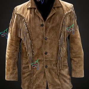Western Jacket Suede, Handmade Western Suede Leather Mountain Men, Cowboy Brown Jacket, Men Western Fringed Suede Coat, Conchos Brown Jacket