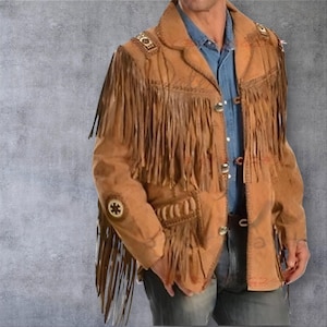 Men&#39;s Traditional Handmade Western Cowboy Leather Jacket Coat with Braided & Fringes, Buckskin Shirt with Fringes Cowboy Rodeo Style Shirt