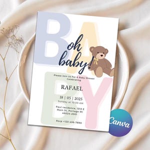 Editable Oh Baby Minimalist Baby Shower Invitation, Gender Neutral Bear Baby Shower, Tedy bear invitation Template, Instant Download