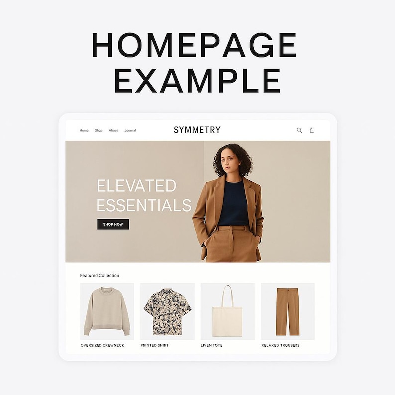 Puede incluir: Ejemplo de p&aacute;gina de inicio de un sitio web con el texto "HOMEPAGE EXAMPLE" en la parte superior. El sitio web presenta a una mujer con un traje marr&oacute;n, con el texto "ELEVATED ESSENTIALS" y "SHOP NOW". Los art&iacute;culos destacados incluyen un cuello redondo, una camisa estampada, un bolso tote y pantalones.