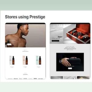 K&ouml;nnte beinhalten: Zwei Screenshots von Websites, die die Prestige-Plattform verwenden. Der erste Screenshot zeigt eine Website, die Hautpflegeprodukte verkauft. Der zweite Screenshot zeigt eine Website, die Uhren verkauft.