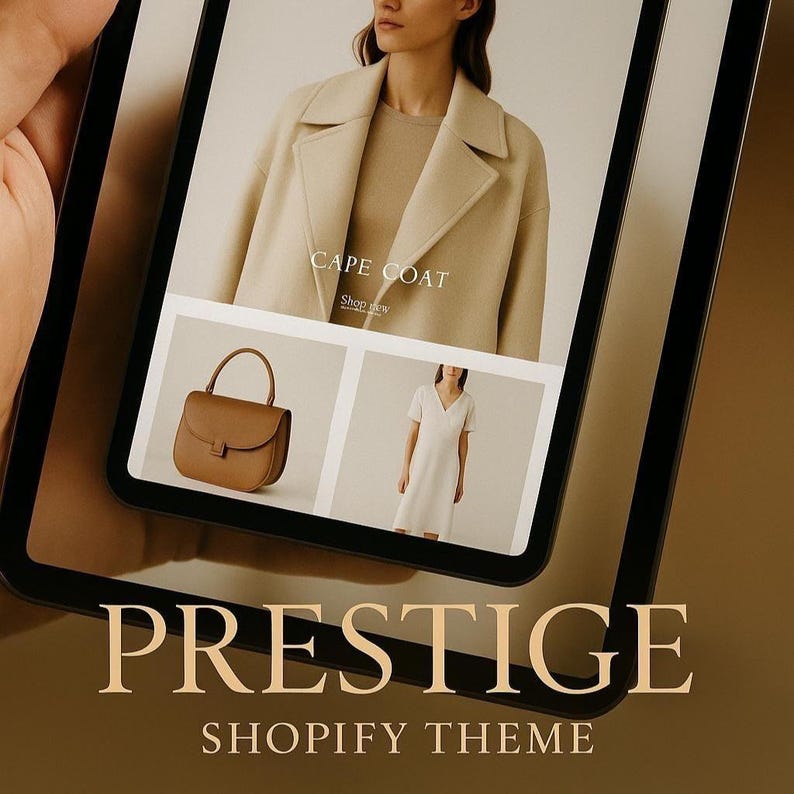 K&ouml;nnte beinhalten: Ein Screenshot einer Website, die einen beigefarbenen Umhangmantel, eine braune Lederhandtasche und ein wei&szlig;es Kleid zeigt. Die Website hei&szlig;t "Prestige Shopify Theme".