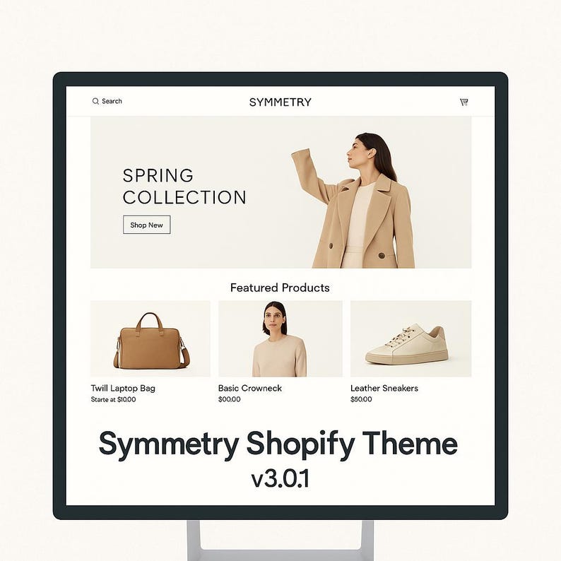 Puede incluir: Un monitor de ordenador muestra un sitio web con el texto "SPRING COLLECTION" y "SYMMETRY". Los productos destacados incluyen una bolsa para port&aacute;til de sarga, un cuello redondo b&aacute;sico y zapatillas de cuero. El tema del sitio web es "Symmetry Shopify Theme v3.0.1."
