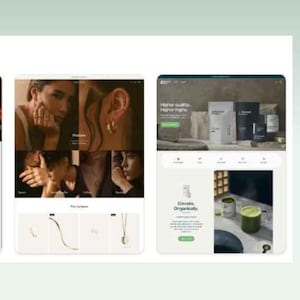 K&ouml;nnte beinhalten: Eine Website-Startseite f&uuml;r eine Schmuckmarke mit einer Nahaufnahme des Gesichts einer Frau mit goldenen Ohrringen und einer Halskette. Die Website zeigt auch einen Bereich mit Bildern von Schmuck, darunter eine goldene Kettenhalskette, ein Paar goldene Creolen und einen goldenen Ring.