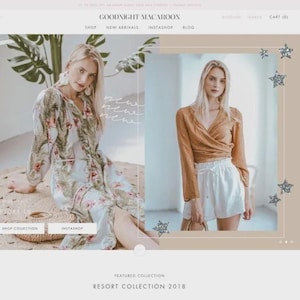 K&ouml;nnte beinhalten: Zwei Frauen pr&auml;sentieren Kleidung aus der Goodnight Macaroon Resort Collection 2018. Die Frau links tr&auml;gt ein Kleid mit Blumenmuster auf wei&szlig;em Hintergrund. Die Frau rechts tr&auml;gt ein braunes Wickeltop und wei&szlig;e Shorts.