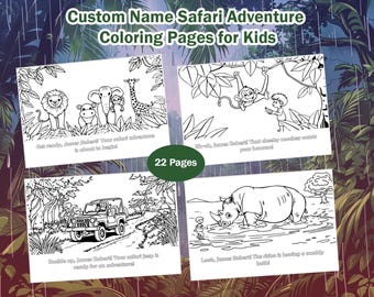 Individuelles Namen Safari Abenteuer Malbuch | Tier Malbuch | Dschungel Färbung | PDF zum ausdrucken und ausmalen | 22 Druckbare Seiten