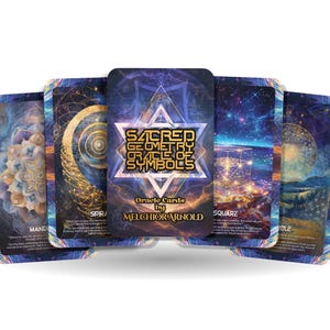 Puede incluir: Una baraja de cartas "Sacred Geometry Oracle of Symbols" de Melchior Arnold. Las cartas presentan diseños cósmicos y geométricos coloridos. La carta central muestra el título en letras doradas dentro de un diseño en forma de estrella.