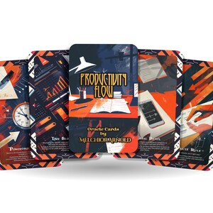 May include: A deck of "Productivity Flow" oracle cards by Melchior Arnold. The cards feature illustrations of a clock, charts, a smartphone, and an open book. The cards have a dark blue, orange, and white colour scheme.