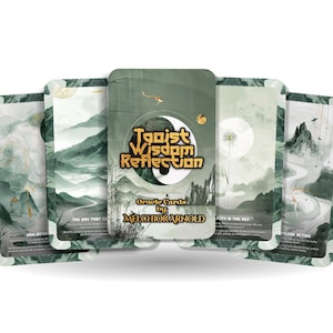 May include: A deck of Taoist Wisdom Reflection oracle cards. The cards feature landscape art in shades of green and white. The center card displays a yin-yang symbol and the text "Taoist Wisdom Reflection" and "Oracle Cards by Melchior Arnold".