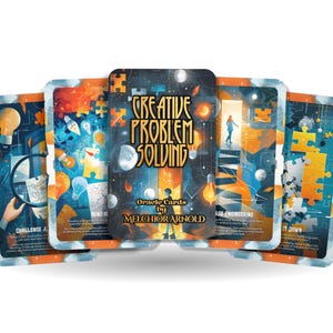 May include: A set of oracle cards titled "Creative Problem Solving" by Melchior Arnold. The cards feature illustrations with puzzle pieces, light bulbs, and a person walking towards a light. The color scheme includes blue, orange, and white.