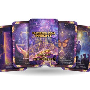 May include: A deck of oracle cards with a purple and gold design. The cards feature images of a butterfly, scales, and silhouettes. The text "Numerology Insight" and "Oracle Cards by Melchior Arnold" are visible on the central card.