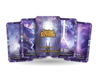 May include: A set of oracle cards titled "Spiritual Ascension" by Melchior Arnold. The cards feature a purple and white celestial design with the words "Spiritual Ascension" in gold. The cards are fanned out, showcasing the artwork on each card.