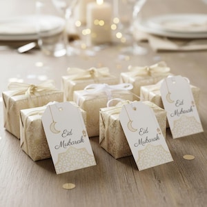 Puede incluir: Varias cajas de regalo pequeñas y cuadradas envueltas en papel dorado estampado y atadas con cintas color crema. Cada caja tiene una etiqueta blanca con las palabras "Eid Mubarak" y un diseño de media luna. Las cajas están dispuestas sobre una superficie de madera.