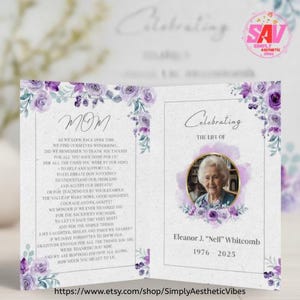 Puede incluir: Tarjeta conmemorativa con un diseño floral púrpura y la frase "Celebrating the Life of Eleanor J. Nell Whitcomb 1976-2025." La tarjeta está abierta, mostrando una foto y texto.