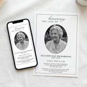 May include: A black and white memorial card and a smartphone displaying the same design. The design includes a portrait of Eleanor Mae Richardson, the text "Honoring the Life Of", and event details.