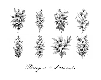 Floral Line Art Stencil Bundle: Flower Tattoo Flash Designs (Digital Download)