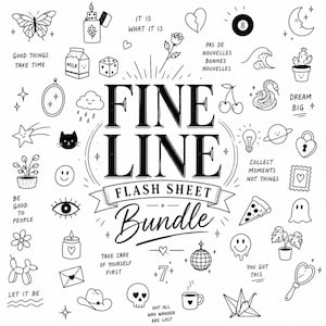Puede incluir: Una hoja de flash en blanco y negro con el texto FINE LINE FLASH SHEET BUNDLE rodeado de varias ilustraciones pequeñas que incluyen una mariposa, encendedor, rosa, dado, cartón de leche, gato, ojo, calavera, fantasma y plantas.