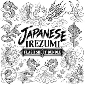 Könnte beinhalten: Eine schwarz-weiße digitale Illustration mit verschiedenen Tattoo-Motiven wie Drachen, Koi-Fischen, Wolken und Bergen. Der zentrale Text lautet "JAPANESE IREZUMI FLASH SHEET BUNDLE" in einer fetten, stilisierten Schriftart mit feinen Linien.